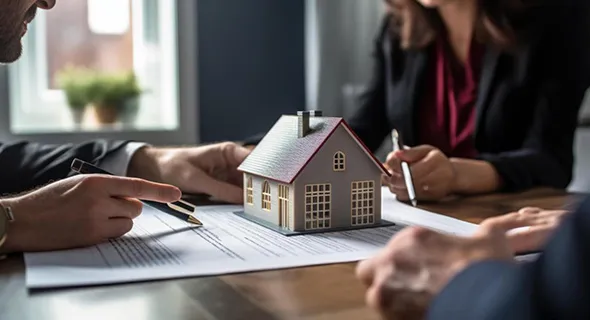 A man and woman sign papers next to a house model, representing Accurate Property Evaluation Services.